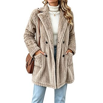 Women's Lapel Double Breasted Fuzzy Plush Coat with Side Pockets Casual Open Front Jacket