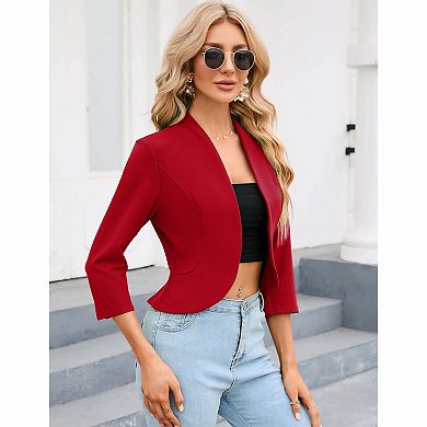 Women's Open Front Stand Collar Three Quarter Sleeve Cropped Blazer Jacket with Ruffle Back Hem
