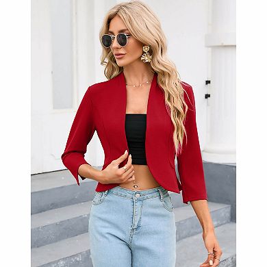 Women's Open Front Stand Collar Three Quarter Sleeve Cropped Blazer Jacket with Ruffle Back Hem