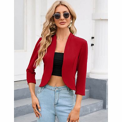 Women's Open Front Stand Collar Three Quarter Sleeve Cropped Blazer Jacket with Ruffle Back Hem