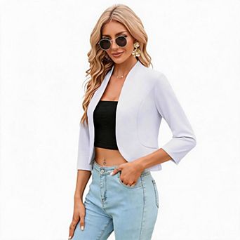 Women's Open Front Stand Collar Three Quarter Sleeve Cropped Blazer Jacket with Ruffle Back Hem