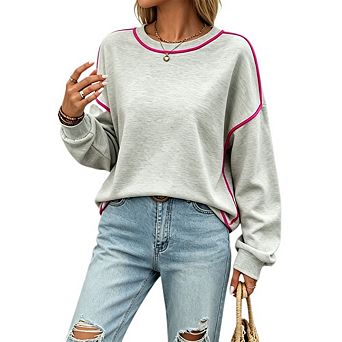 Women's Crew Neck Oversized Sweatshirt Long Sleeve Pullover Contrast Piping Tops