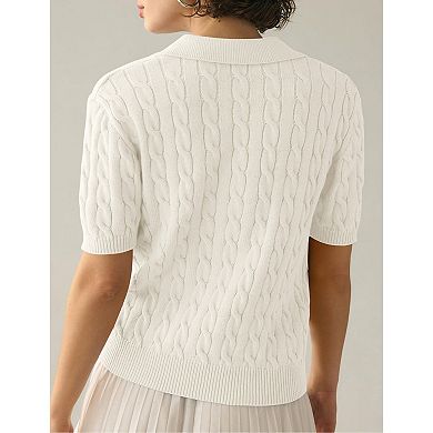Short Sleeve Cable Knit V-Neck Pullover with Polo Collar for Women