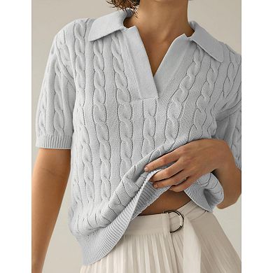 Short Sleeve Cable Knit V-Neck Pullover with Polo Collar for Women