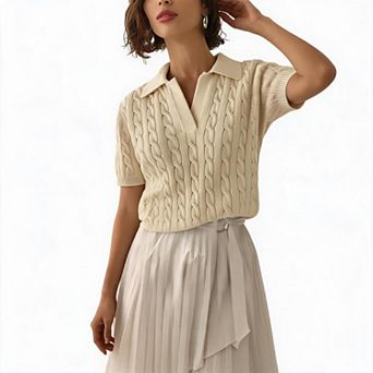 Short Sleeve Cable Knit V-Neck Pullover with Polo Collar for Women