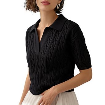 Short Sleeve Cable Knit V-Neck Pullover with Polo Collar for Women