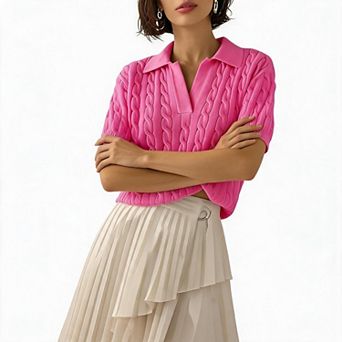 Short Sleeve Cable Knit V-Neck Pullover with Polo Collar for Women