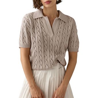 Short Sleeve Cable Knit V-Neck Pullover with Polo Collar for Women