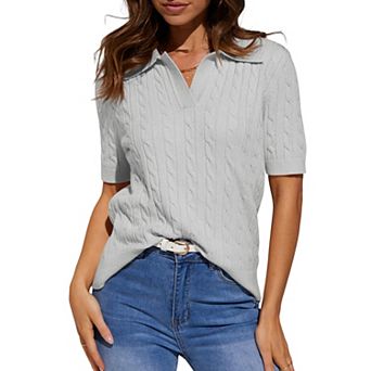 Short Sleeve Cable Knit V-Neck Pullover with Polo Collar for Women
