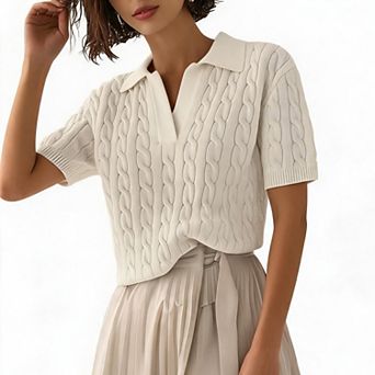 Short Sleeve Cable Knit V-Neck Pullover with Polo Collar for Women