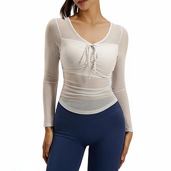 Women V Neck Front Drawstring Sheer Mesh Long Sleeve Cropped Layering Top Breathable Yoga Cover Up
