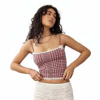 Women Gingham Plaid Lace Trim Spaghetti Strap Bow Detail Slim Fit Cropped Cami Going Out Casual Tank