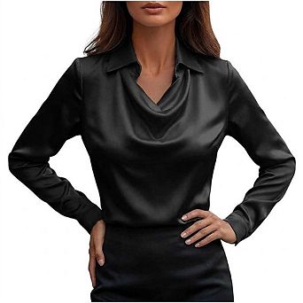 Women Shiny Satin Draped Cowl Neck Collared Long Sleeve Blouse Elegant Business Casual Shirt