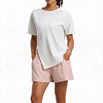 Women Diagonal Split Hem Oversize Short Sleeve Crew Neck Loose Fit Casual T Shirt Relaxed Daily Loun