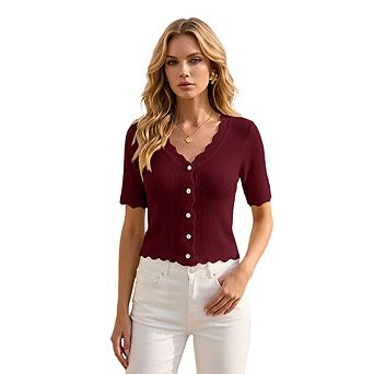 Women Scalloped Trim V Neck Button Front Short Sleeve Knit Top Cropped Lightweight Knit Blouse