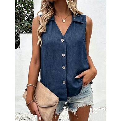 Women's Collared V Neck Tank Top Sleeveless Button Front Loose Casual Shirt