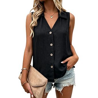 Women's Collared V Neck Tank Top Sleeveless Button Front Loose Casual Shirt
