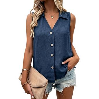 Women's Collared V Neck Tank Top Sleeveless Button Front Loose Casual Shirt