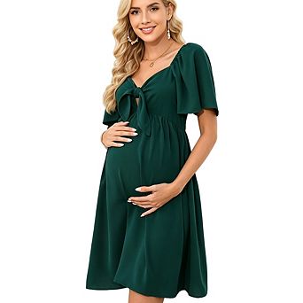 Women Maternity Casual Short Sleeve Bow Tie V Neck Smocked High Waist A-Line Flowy Dress