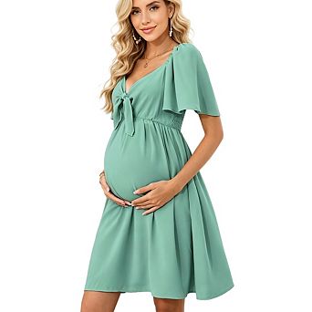 Women Maternity Casual Short Sleeve Bow Tie V Neck Smocked High Waist A-Line Flowy Dress