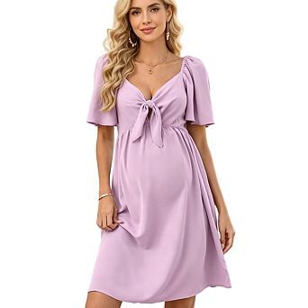 Women Maternity Casual Short Sleeve Bow Tie V Neck Smocked High Waist A-Line Flowy Dress