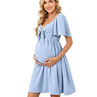 Women Maternity Casual Short Sleeve Bow Tie V Neck Smocked High Waist A-Line Flowy Dress
