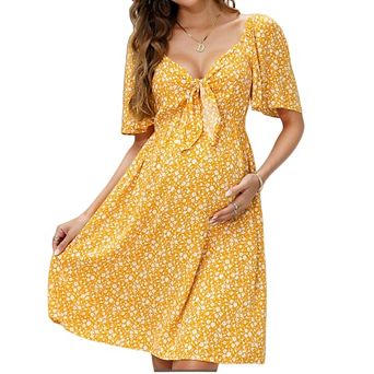 Women Maternity Casual Short Sleeve Bow Tie V Neck Smocked High Waist A-Line Flowy Dress