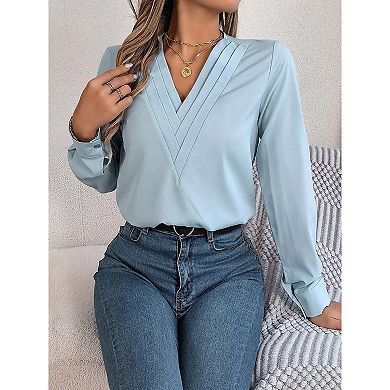 Women Satin V-Neck Long Sleeve Blouse with Triple-Layer Fold Detail