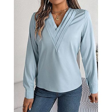 Women Satin V-Neck Long Sleeve Blouse with Triple-Layer Fold Detail
