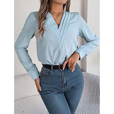 Women Satin V-Neck Long Sleeve Blouse with Triple-Layer Fold Detail