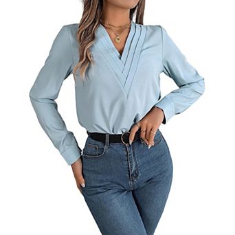Women Satin V-Neck Long Sleeve Blouse with Triple-Layer Fold Detail