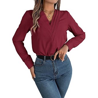 Women Satin V-Neck Long Sleeve Blouse with Triple-Layer Fold Detail