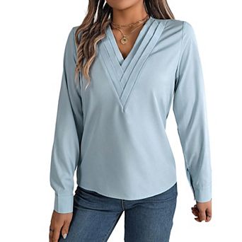 Women Long Sleeve Satin V-Neck Blouse with Triple Fold Detail for Women