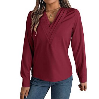 Women Long Sleeve Satin V-Neck Blouse with Triple Fold Detail for Women