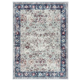 Washable Vintage Area Rug Distressed Non-Slip Collapsible Traditional Floral Mat for Living Room