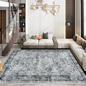 Washable Vintage Area Rug Distressed Non-Slip Collapsible Traditional Floral Mat for Living Room