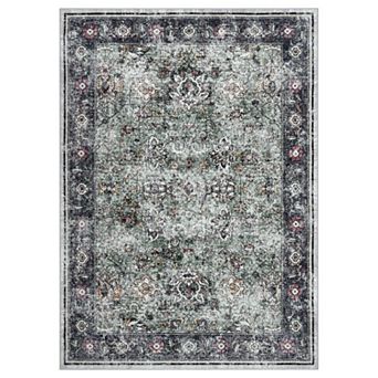 Washable Vintage Area Rug Distressed Non-Slip Collapsible Traditional Floral Mat for Living Room