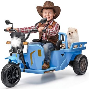 Kids Motorcycle, 3 Wheels Ride on Tractor w/Trailer, Sand Shovel, 12V Electric Tricycle, Blue