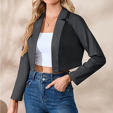 Women's Cropped Blazer Open Front Long Sleeve Slim Fit Casual Short Suit Jacket