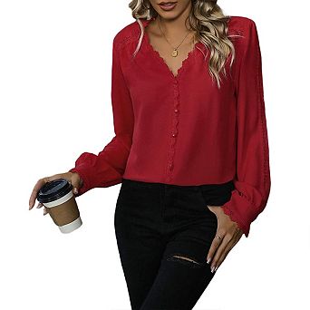 Womens Button Down Shirts Lace Cuff Long Sleeve Chiffon Dressy Tops Band Collar Fall Casual Blouses