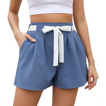 Women's High Waist Pleated Casual Shorts Front Tie Loose Wide Leg Shorts with Side Pockets