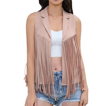 Womens Western Fringe Sleeveless Vest Open Front Faux Suede Tassel Waistcoat Casual Cowboy Outerwear