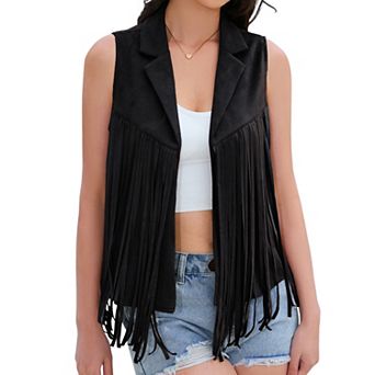 Womens Western Fringe Sleeveless Vest Open Front Faux Suede Tassel Waistcoat Casual Cowboy Outerwear