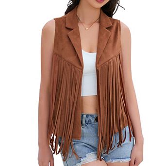 Womens Western Fringe Sleeveless Vest Open Front Faux Suede Tassel Waistcoat Casual Cowboy Outerwear