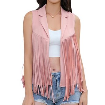 Womens Western Fringe Sleeveless Vest Open Front Faux Suede Tassel Waistcoat Casual Cowboy Outerwear