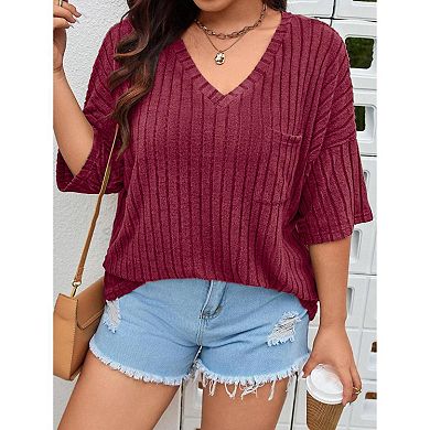 Women's Plus Size V Neck 3/4 Sleeve Loose Top Casual Pocket Pullover T-Shirt
