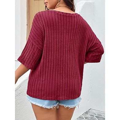 Women's Plus Size V Neck 3/4 Sleeve Loose Top Casual Pocket Pullover T-Shirt