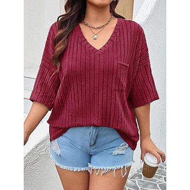 Women's Plus Size V Neck 3/4 Sleeve Loose Top Casual Pocket Pullover T-Shirt