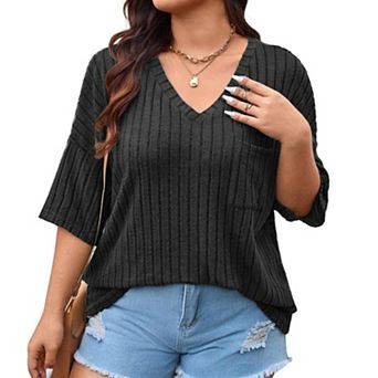 Women's Plus Size V Neck 3/4 Sleeve Loose Top Casual Pocket Pullover T-Shirt