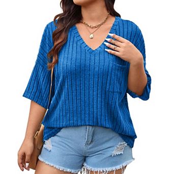 Women's Plus Size V Neck 3/4 Sleeve Loose Top Casual Pocket Pullover T-Shirt